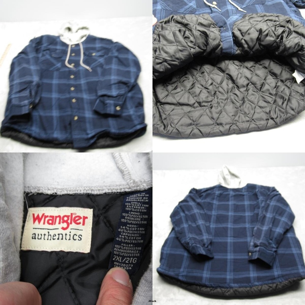 Wrangler Jacket Men XXL Blue Windowpane Plaid Puffer Hood Thick Quilt Lined